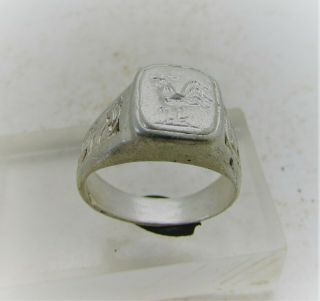 Ancient Roman Silver Seal Ring With Rooster On Bezel