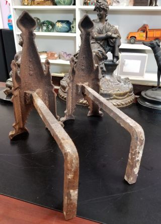 Extremely Rare Antique 19th Century Gothic Revival Cast Iron Fireplace Andirons 2