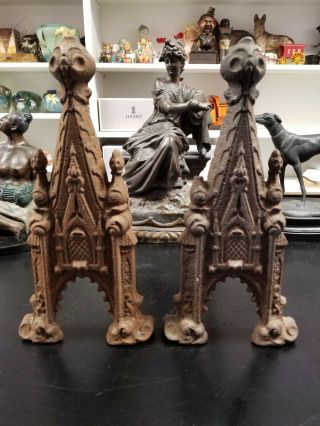 Extremely Rare Antique 19th Century Gothic Revival Cast Iron Fireplace Andirons 7