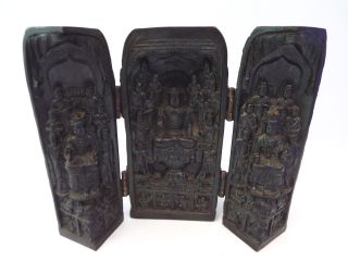 Vintage Buddhist Triptych Hand Carved Folding Wooden Carving - A14