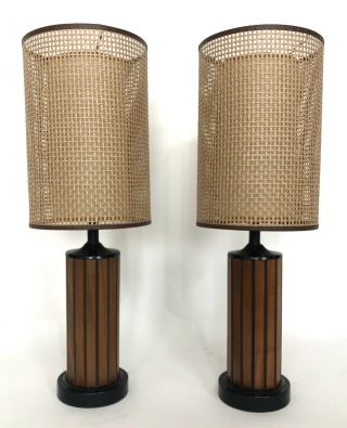 2 Mid Century Modern Gruvwood Table Lamp Pair Fiberglass Caned Double Shade 10