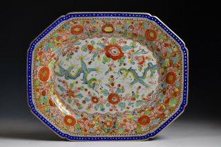18th Century Chinese Famille Rose Clobbered Platter With Dragons And Flowers