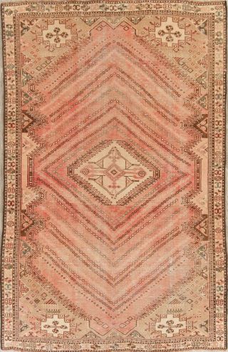 Antique Geometric Muted Pink Coral Kashkoli Persian Area Rug Distressed Wool 5x8