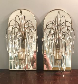1930s Vtg 1940s Pair Hollywood Regency Mirrored Electric Wall Sconces W/ Prisms