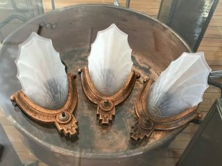 3 Antique Art Deco Signed Electrolier Matching Slip Shade Wall Sconces