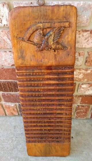 Primitive Antique Wood Carved Folk Art Washboard Creek Board Carved Eagle Top