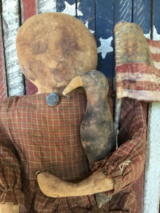 Handmade Primitive Antique Style Ooak Folkart Doll With Crow & Flag