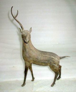 Antique Old Brass Hand Carved Standing Deer Figure Statue Home Decor