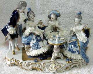 Exceptional Volkstedt Porcelain Dresden Lace Group Figurine Tea Party