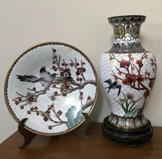 Chinese White Cloisonné Vase & Plate Set Cherry Blossom Flowers & Birds Marked