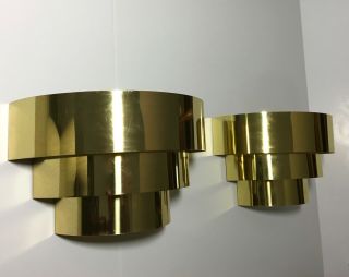 Pair Vintage Mid Century Modern Brass Tiered Deco Wall Sconces Jere Era Fab Cond