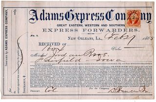 Civil War Adams Express Co.  Orleans,  La 1865 Receipt W/tax Stamp