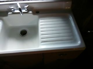 VINTAGE CAST IRON SINGLE BASIN DOUBLE DRAINBOARD FARMHOUSE KITCHEN SINK 3