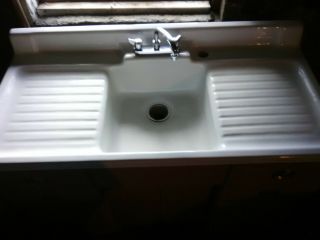 VINTAGE CAST IRON SINGLE BASIN DOUBLE DRAINBOARD FARMHOUSE KITCHEN SINK 6