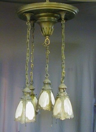 Fancy Arts & Crafts / Gothic Brass Pan Fixture W/ 5 Stained / Slag Glass Shades