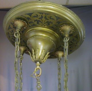FANCY ARTS & CRAFTS / GOTHIC BRASS PAN FIXTURE w/ 5 STAINED / SLAG GLASS SHADES 2