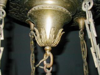 FANCY ARTS & CRAFTS / GOTHIC BRASS PAN FIXTURE w/ 5 STAINED / SLAG GLASS SHADES 3