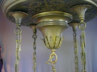 FANCY ARTS & CRAFTS / GOTHIC BRASS PAN FIXTURE w/ 5 STAINED / SLAG GLASS SHADES 4