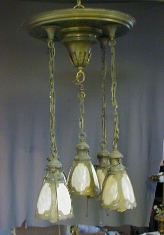 FANCY ARTS & CRAFTS / GOTHIC BRASS PAN FIXTURE w/ 5 STAINED / SLAG GLASS SHADES 5