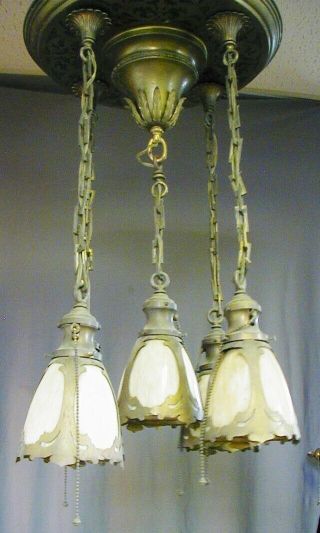 FANCY ARTS & CRAFTS / GOTHIC BRASS PAN FIXTURE w/ 5 STAINED / SLAG GLASS SHADES 6