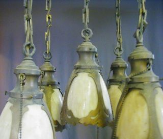FANCY ARTS & CRAFTS / GOTHIC BRASS PAN FIXTURE w/ 5 STAINED / SLAG GLASS SHADES 7