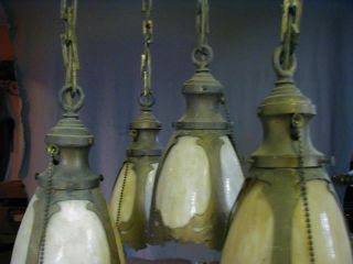 FANCY ARTS & CRAFTS / GOTHIC BRASS PAN FIXTURE w/ 5 STAINED / SLAG GLASS SHADES 8