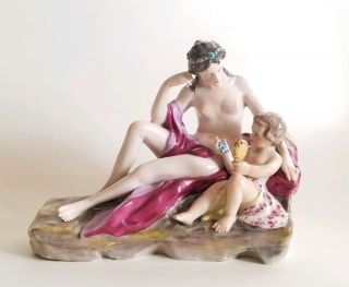 Early 20C German Porcelain Group Figurine Karl Ens signed B.  Boess Nude Nymph 7