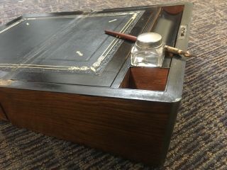 19th Century Walnut Lap Desk Writing Box Decorative Inlay Hidden Drawers Brass