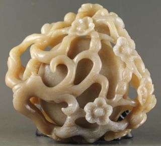 Chinese old hetian jade hollowed - out statue flower design brush washer 4.  3 inch 10