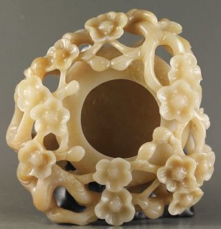 Chinese old hetian jade hollowed - out statue flower design brush washer 4.  3 inch 2