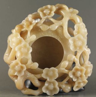 Chinese old hetian jade hollowed - out statue flower design brush washer 4.  3 inch 4