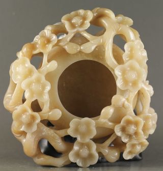 Chinese old hetian jade hollowed - out statue flower design brush washer 4.  3 inch 5