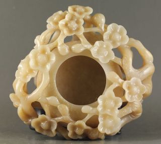 Chinese old hetian jade hollowed - out statue flower design brush washer 4.  3 inch 6
