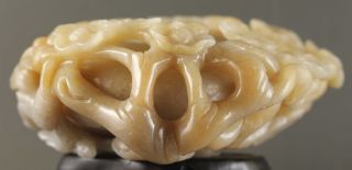 Chinese old hetian jade hollowed - out statue flower design brush washer 4.  3 inch 7