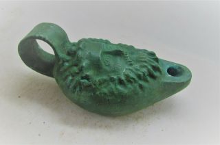 Ancient Roman Bronze Oil Lamp With Bearded Male Very Rare