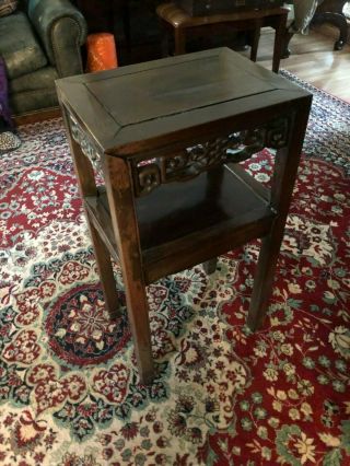 Antique Chinese Hand Carved Hardwood Stand With Drawer