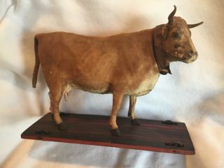 Antique Cow Pull Toy Glass Eyes Leather Hide