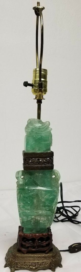 Antique Chinese Carved Jade Like Fluorite Softstone Vase Lamp Decorative