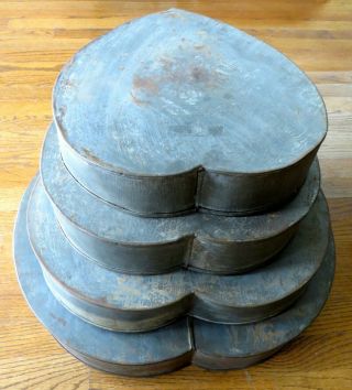 Rare Late 19th Century Tin Heart Shaped Tin Baking Cake Bread Pans 4 Total