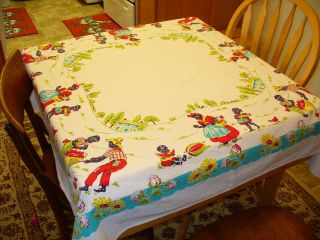 Vintage Black Americana Tablecloth 48 " X 50 " Square Family Picnic Scene