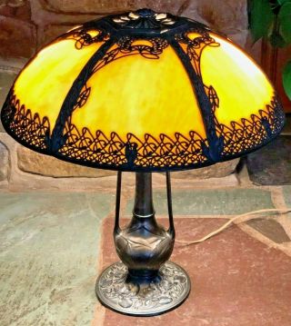 Antique Exceptional Bent Slag Glass Panel Signed Miller Bronze Lamp 19 " Shade