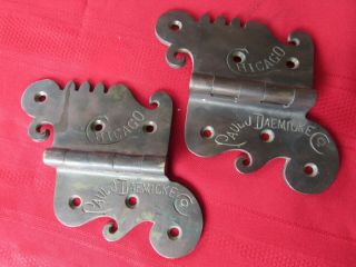 Rare Early Pair Paul Daemicke Solid Brass Offset Ice Box Hinges - Ornate - Chicago
