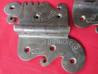 Rare Early Pair Paul Daemicke Solid Brass Offset Ice Box Hinges - Ornate - Chicago 2