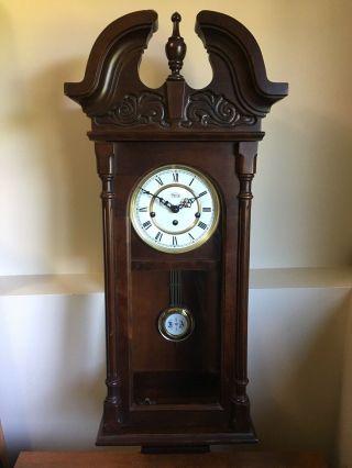 Vintage Wooden Pendulum Wall Clock Franz Hermle Ridgeway Chime Bronze 81 341 - 023