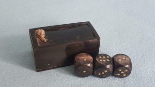 1800s Georgian Gamblers Horn & Sterling Silver Dice Box W 3 Matching Horn Dice