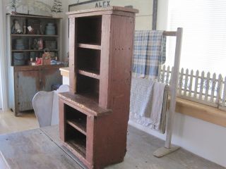 19th Century Primitive Old Red Paint Child ' s Wood Stepback Cupboard American 2