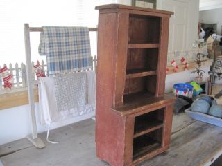 19th Century Primitive Old Red Paint Child ' s Wood Stepback Cupboard American 4