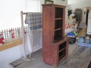 19th Century Primitive Old Red Paint Child ' s Wood Stepback Cupboard American 6
