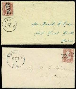 Scott 65 On Covers With Newport & Orland Me Cds " Paid " Fancy Cancels (gt29)
