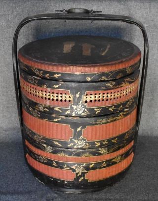 Ornately Hand Painted Three Tier Antique Chinese Wedding Basket W Bronze Handle